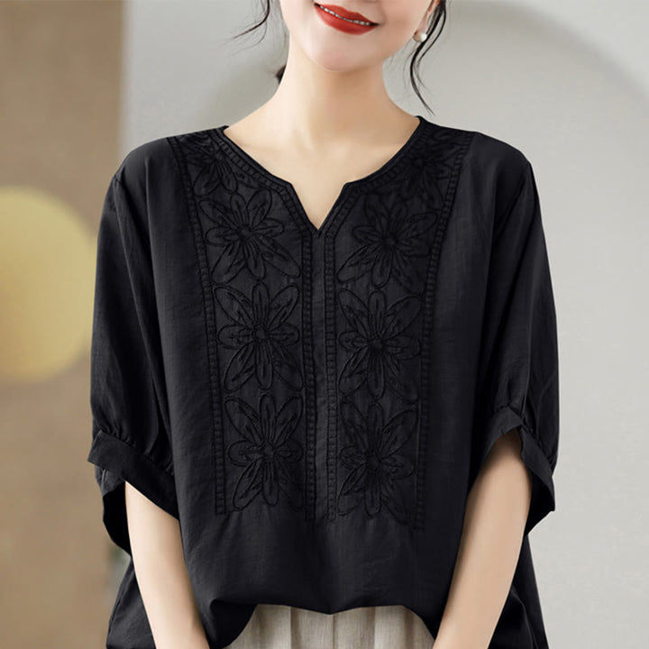 Buddha Stones Flower Embroidery Design Half Sleeve Cotton Linen T-shirt Tee - Black - F(Fit for US4-6; UK/AU8-10; EU36-38) - image 11