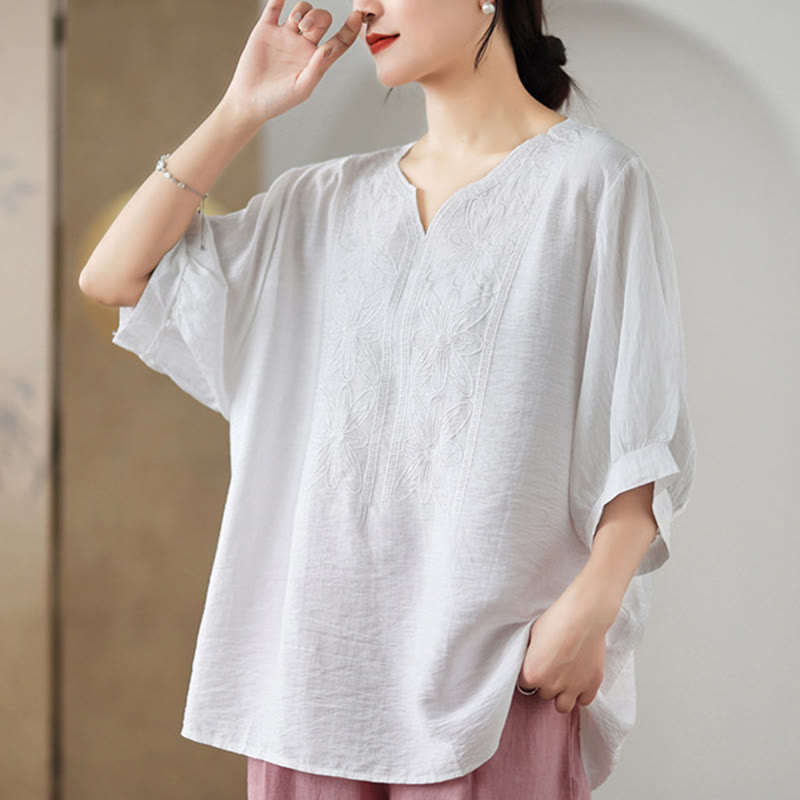 Buddha Stones Flower Embroidery Design Half Sleeve Cotton Linen T-shirt Tee - image 18