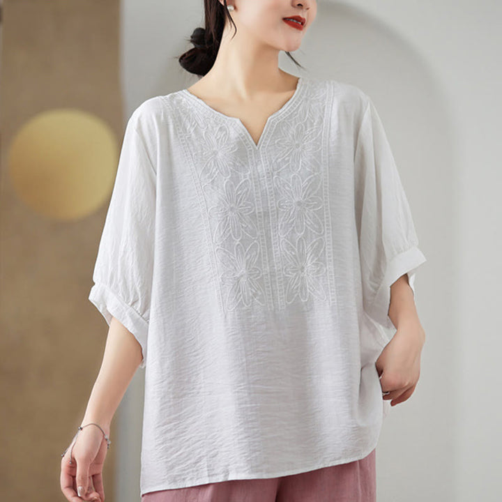 Buddha Stones Flower Embroidery Design Half Sleeve Cotton Linen T-shirt Tee - image 16