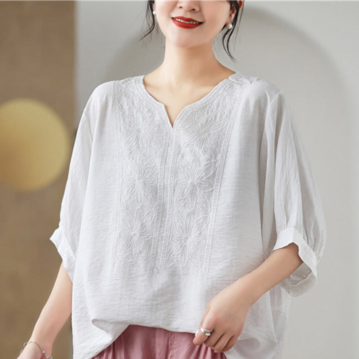 Buddha Stones Flower Embroidery Design Half Sleeve Cotton Linen T-shirt Tee - image 20