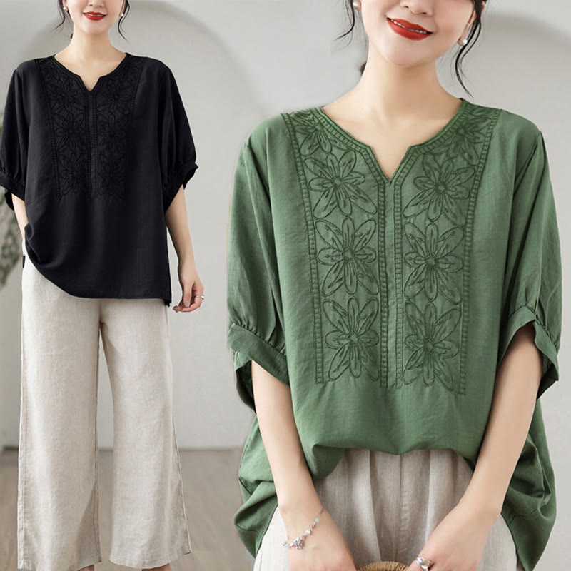 Buddha Stones Flower Embroidery Design Half Sleeve Cotton Linen T-shirt Tee - image 10