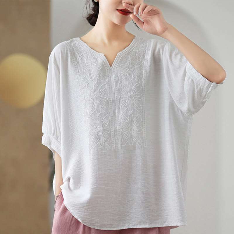 Buddha Stones Flower Embroidery Design Half Sleeve Cotton Linen T-shirt Tee - image 17