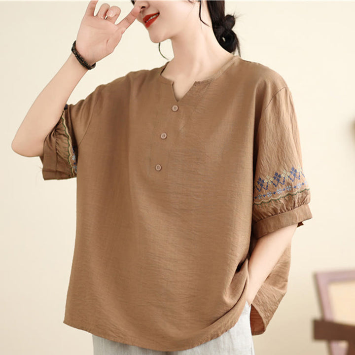 Buddha Stones Vintage Half Sleeve Embroidery Design Cotton Linen T-shirt Tee - image 10