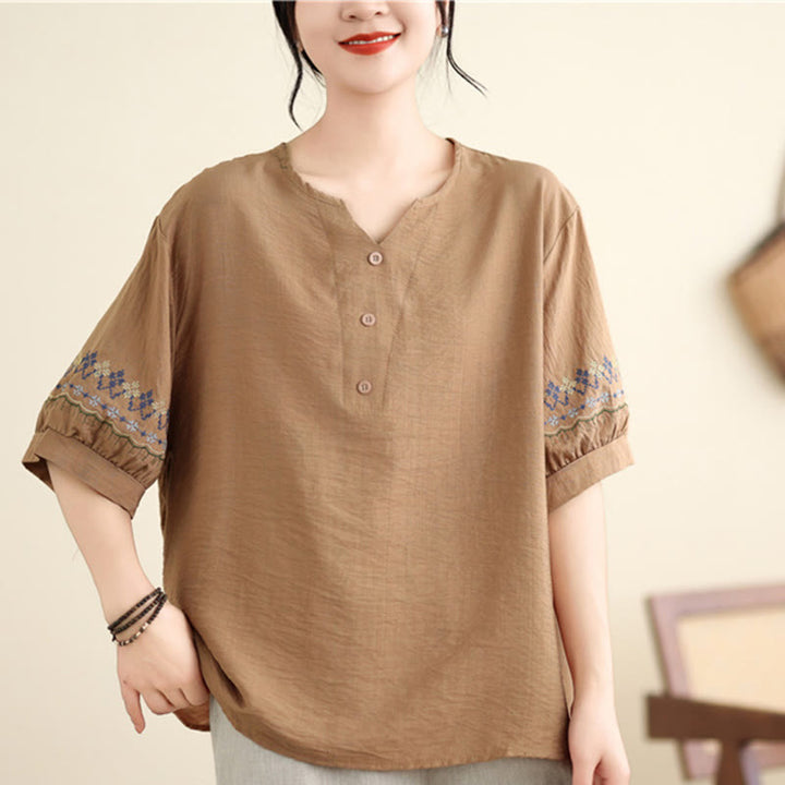 Buddha Stones Vintage Half Sleeve Embroidery Design Cotton Linen T-shirt Tee