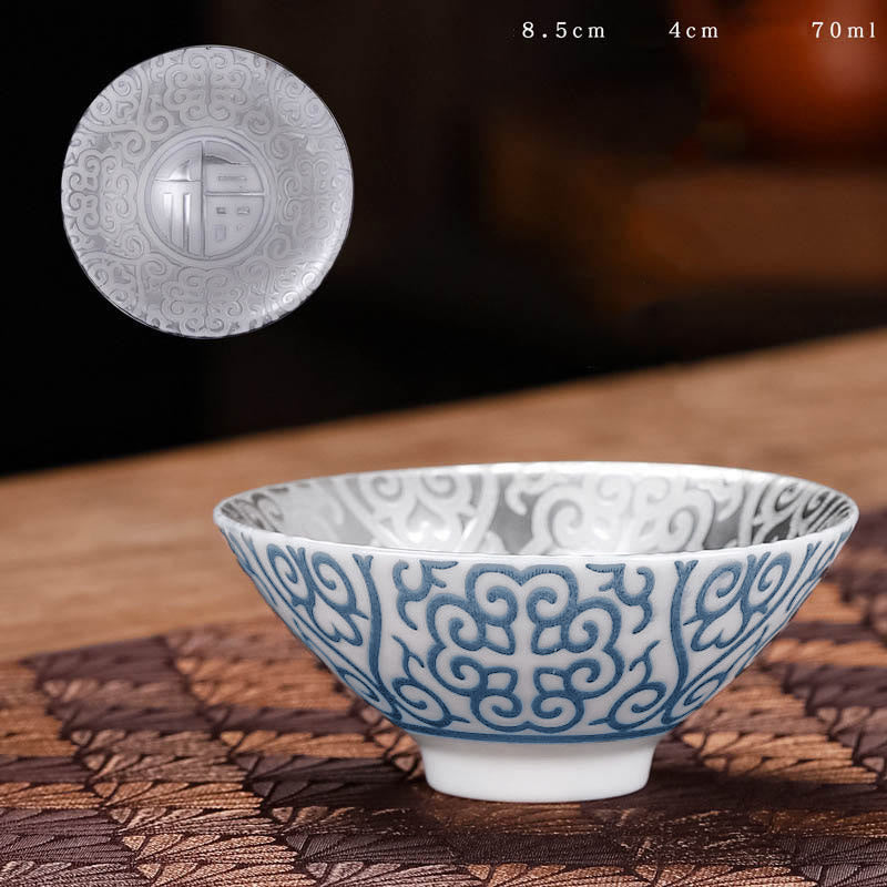 Buddha Stones Tibet Pattern Fu Character Ceramic Teacup Kung Fu Tea Cups 55ml - Blue Pattern (8.5cm*4cm*55ml) - image 8