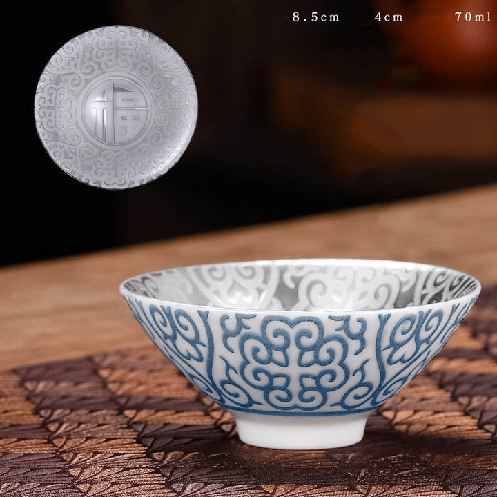 Buddha Stones Tibet Pattern Fu Character Ceramic Teacup Kung Fu Tea Cups 55ml - Blue Pattern (8.5cm*4cm*55ml) - image 8