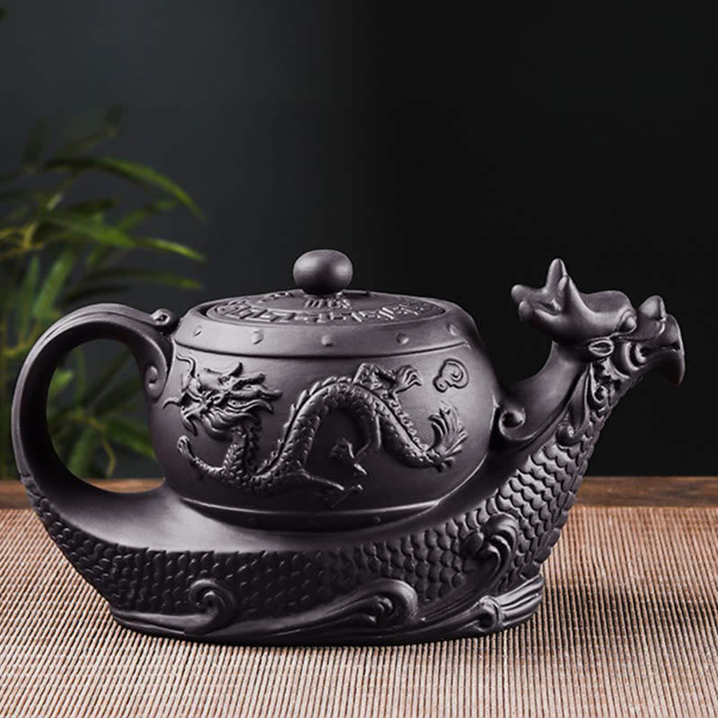 Buddha Stones Vintage Dragon Auspicious Clouds Purple Clay Ceramic Teapot