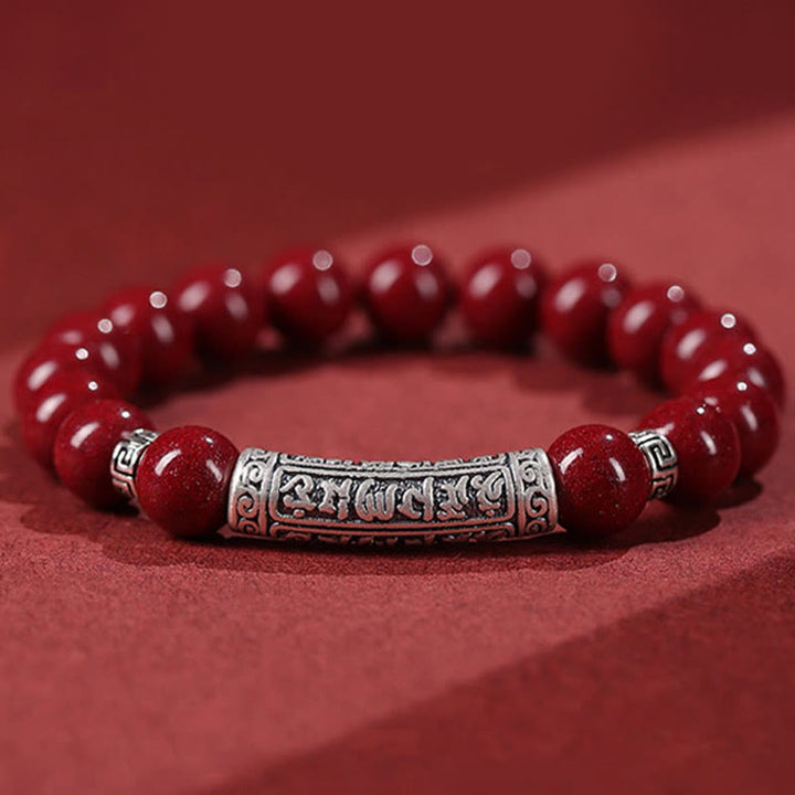Buddha Stones Cinnabar 999 Sterling Silver Six True Words Blessing Bracelet - 6mm Cinnabar - image 0