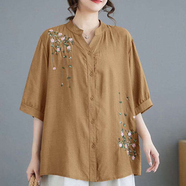 Buddha Stones Women's Button Down Flower Vines Embroidery Design Half Sleeve Cotton Shirt