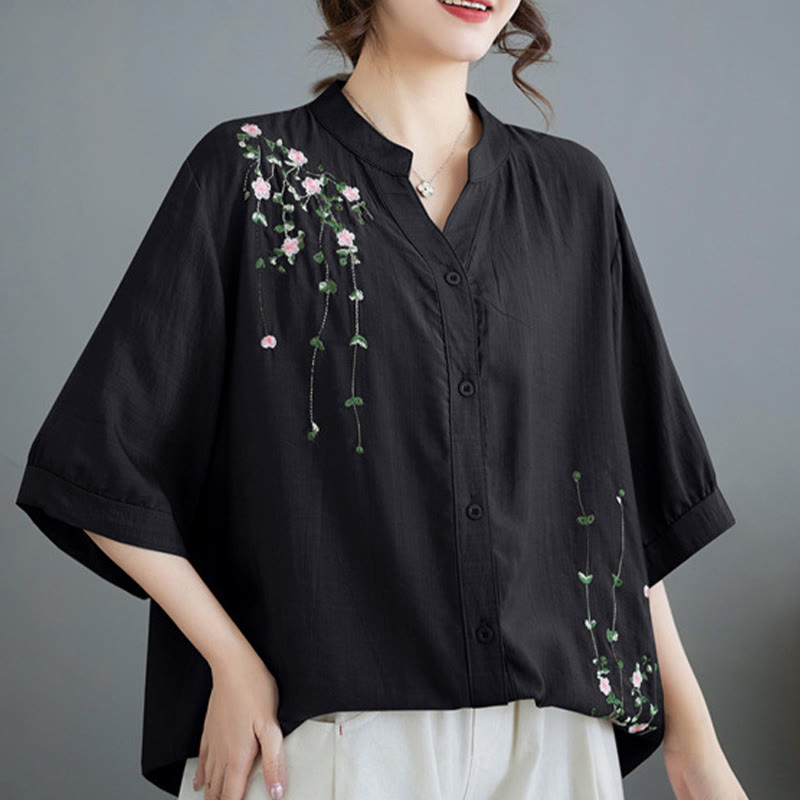 Buddha Stones Women's Button Down Flower Vines Embroidery Design Half Sleeve Cotton Shirt