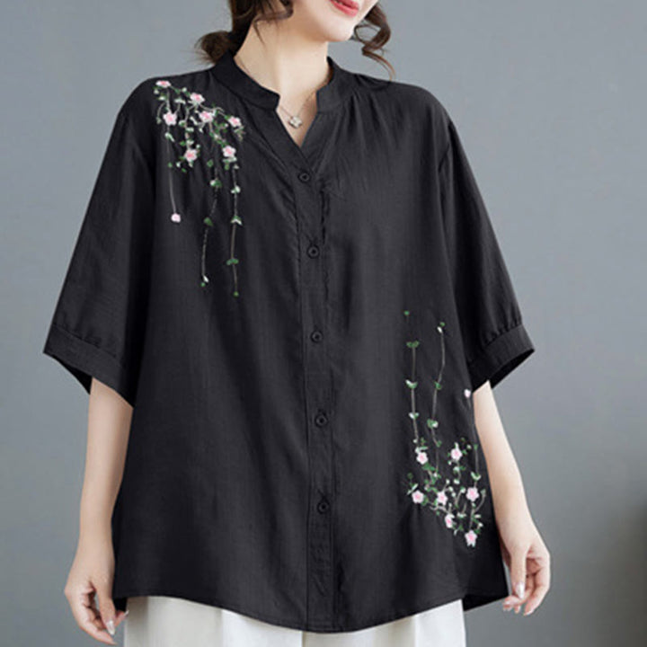 Buddha Stones Women's Button Down Flower Vines Embroidery Design Half Sleeve Cotton Shirt