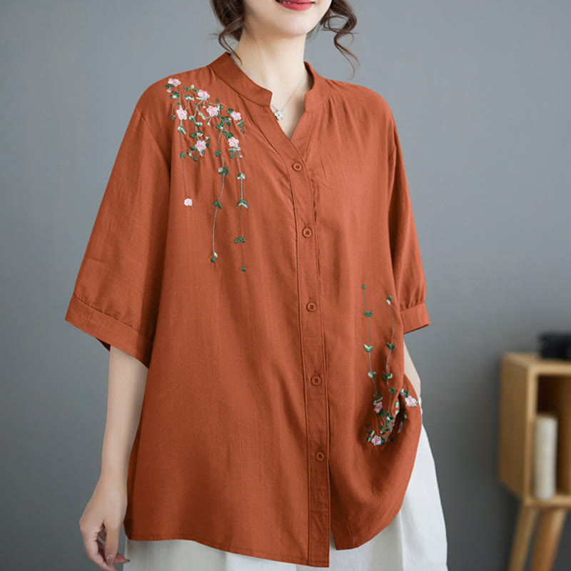 Buddha Stones Women's Button Down Flower Vines Embroidery Design Half Sleeve Cotton Shirt