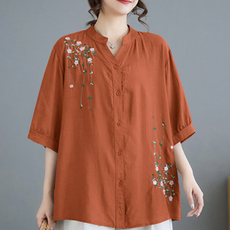 Buddha Stones Women's Button Down Flower Vines Embroidery Design Half Sleeve Cotton Shirt