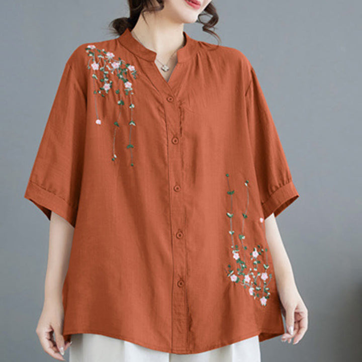 Buddha Stones Women's Button Down Flower Vines Embroidery Design Half Sleeve Cotton Shirt