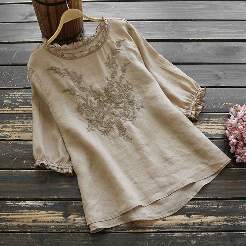 Buddha Stones Women's Flower Embroidery Design Crew Neck T-shirt Tee