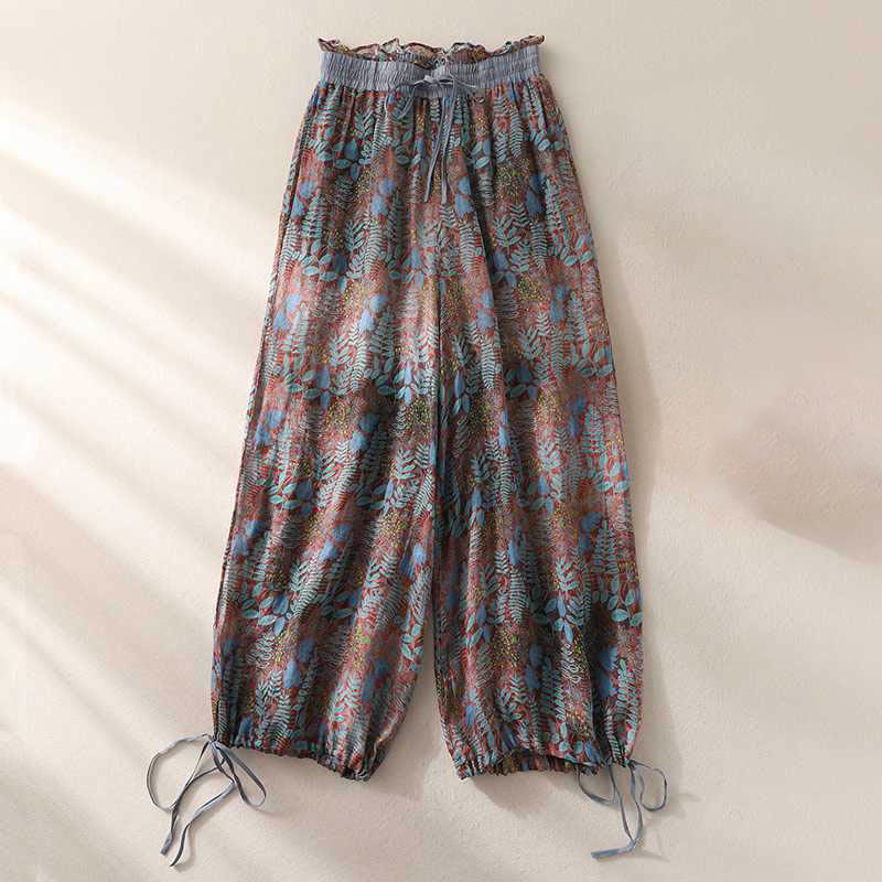 Buddha Stones Summer Women's Blue Leaves Plants Pants With Pockets