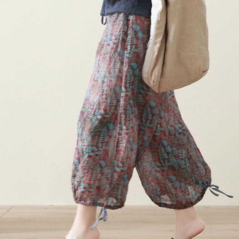 Buddha Stones Summer Women's Blue Leaves Plants Pants With Pockets - image 10