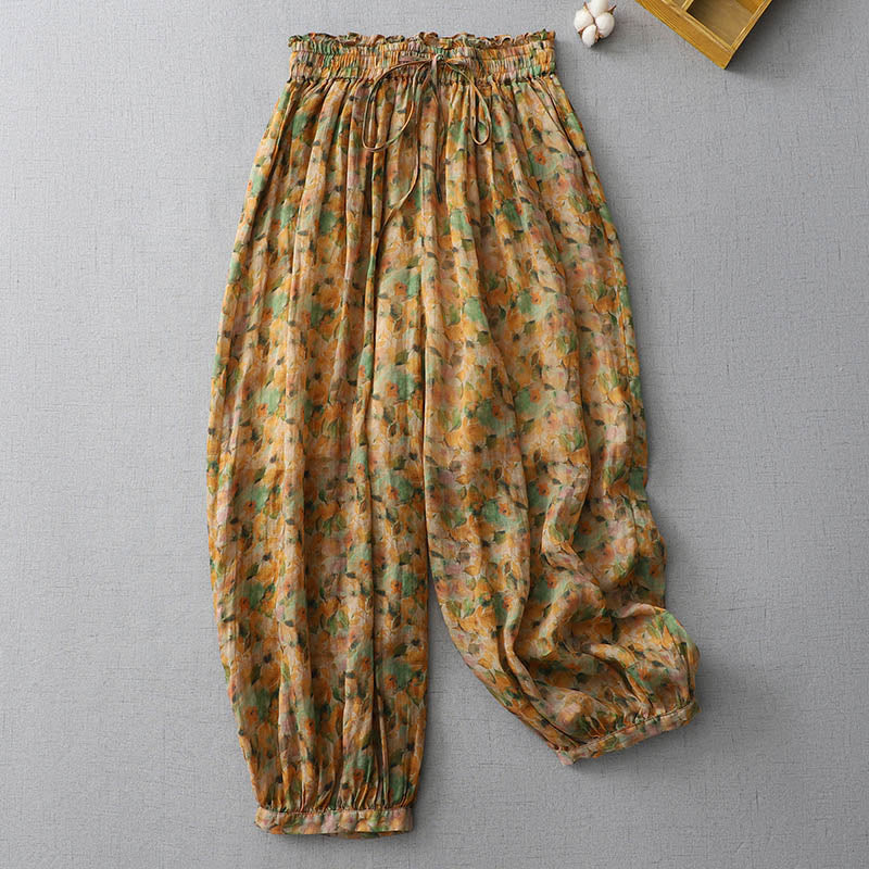 Buddha Stones Summer Yellow Leaves Flowers Ramie Linen Harem Pants With Pockets