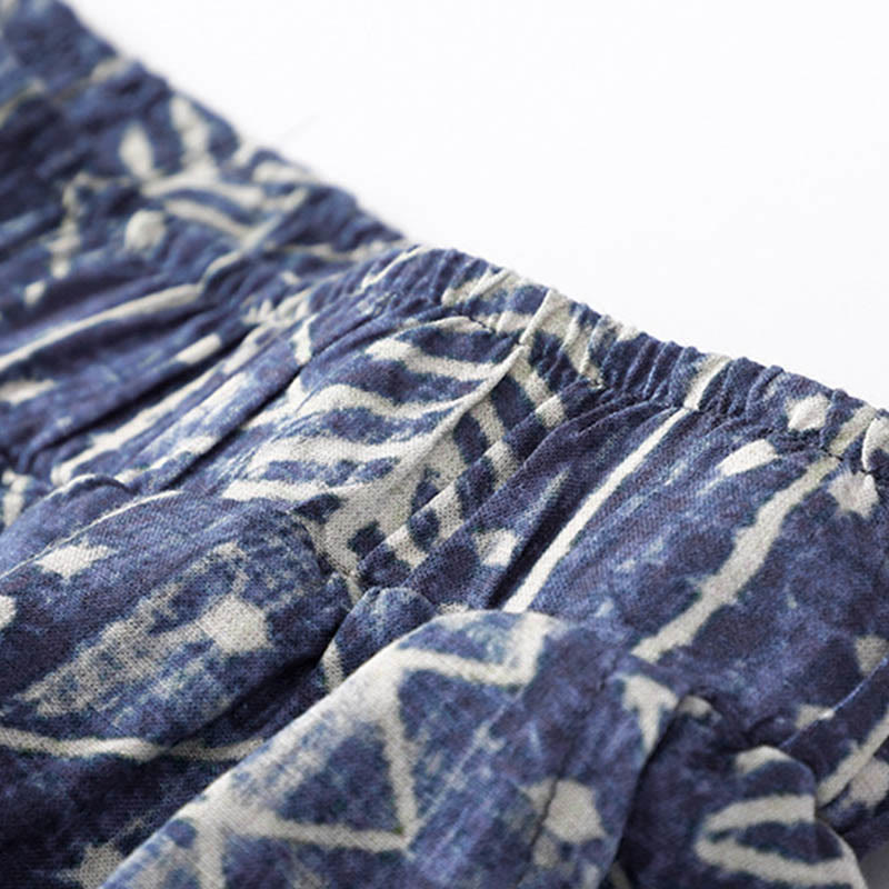 Buddha Stones Blue Stripes Print Cotton Linen Wide Leg Pants With Pockets - image 4