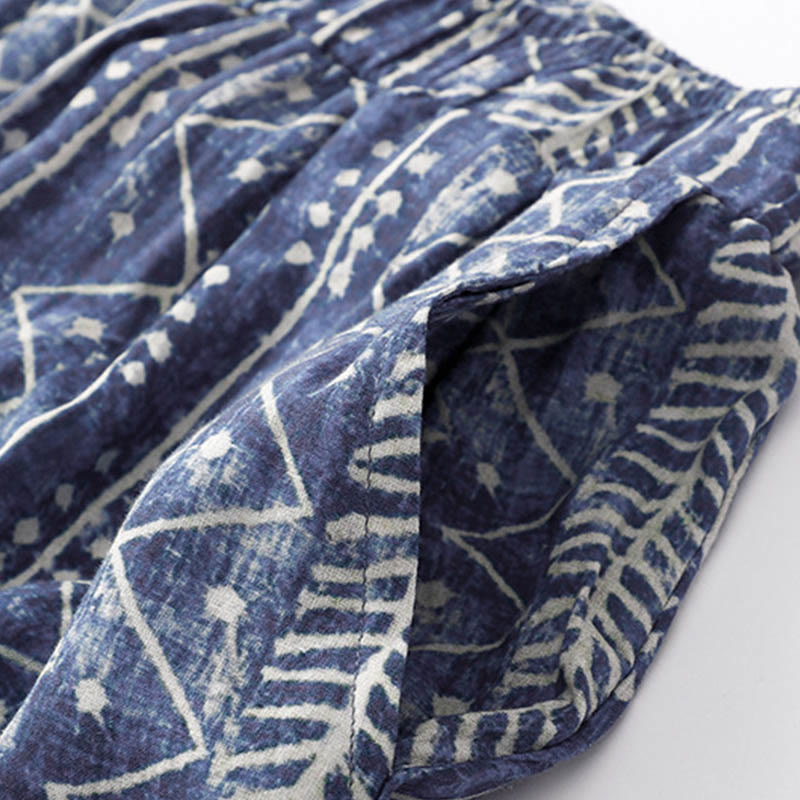 Buddha Stones Blue Stripes Print Cotton Linen Wide Leg Pants With Pockets - image 5