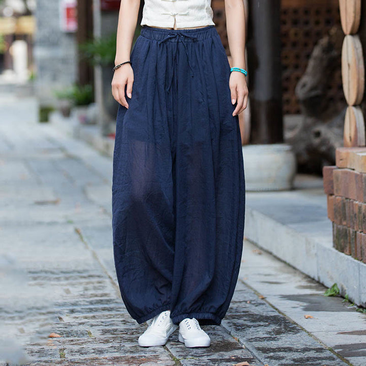 Buddha Stones Summer Plain Color Linen Drawstring Pants With Pockets