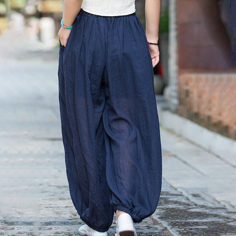 Buddha Stones Summer Plain Color Linen Drawstring Pants With Pockets