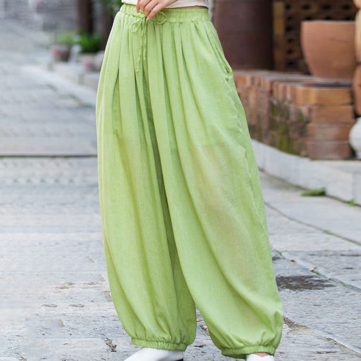 Buddha Stones Summer Plain Color Linen Drawstring Pants With Pockets