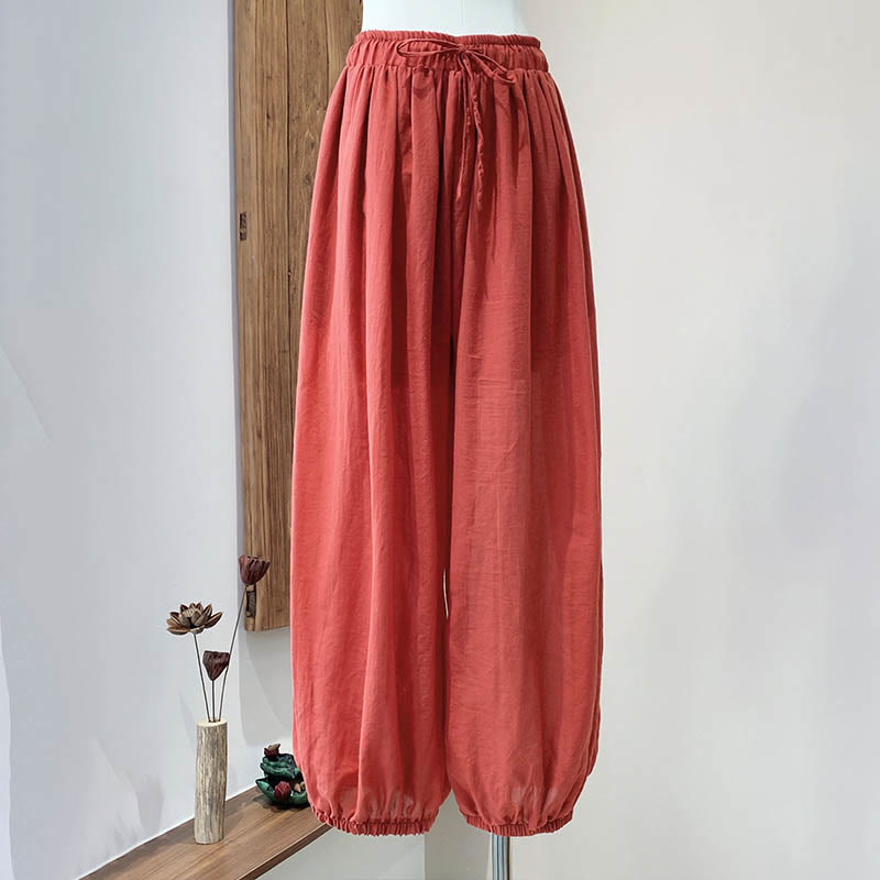 Buddha Stones Summer Plain Color Linen Drawstring Pants With Pockets