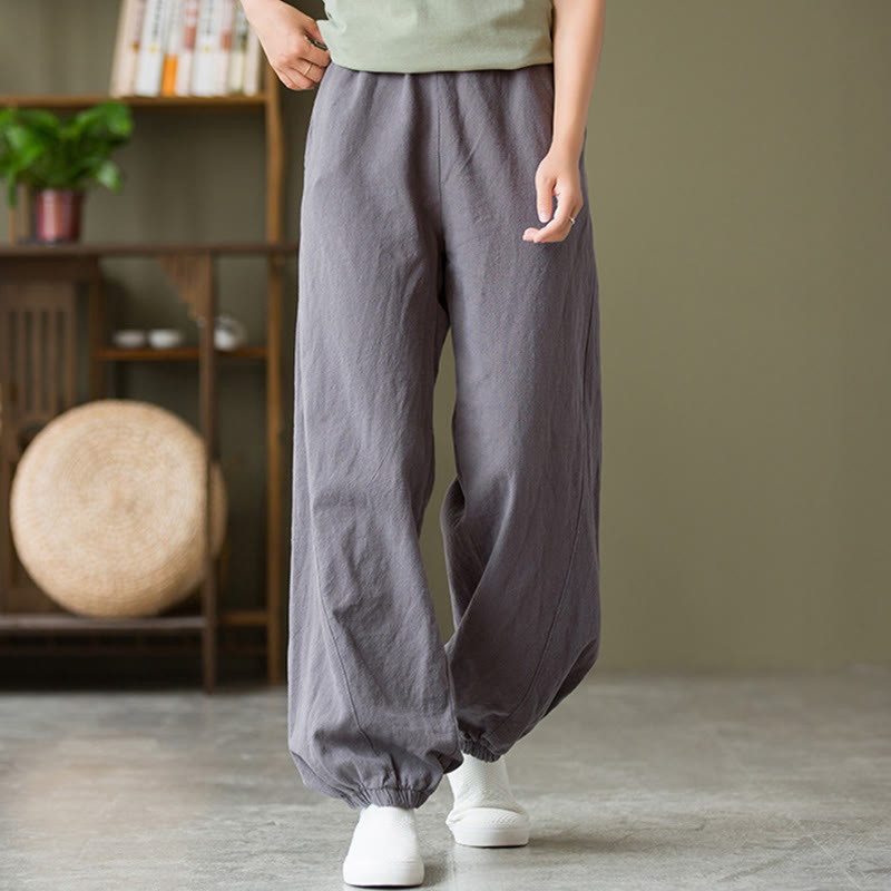 Buddha Stones Plain Color Ramie Linen Cotton Pants With Pockets