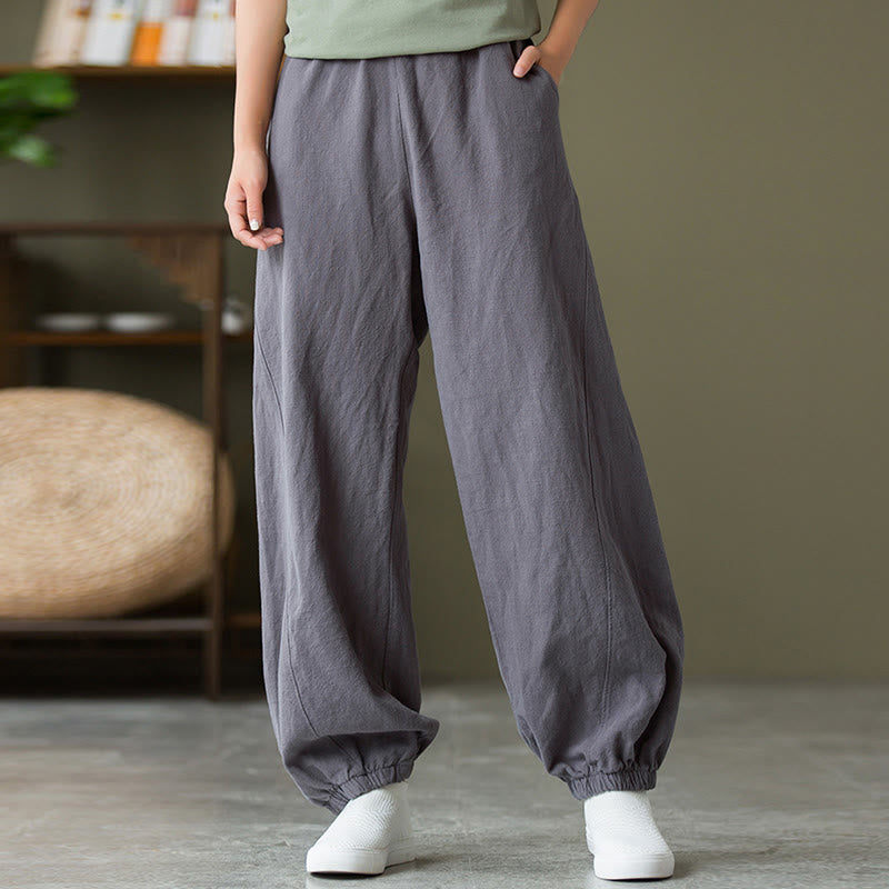 Buddha Stones Plain Color Ramie Linen Cotton Pants With Pockets