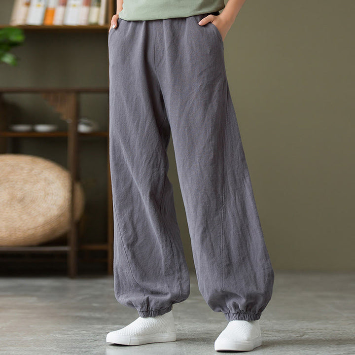 Buddha Stones Plain Color Ramie Linen Cotton Pants With Pockets