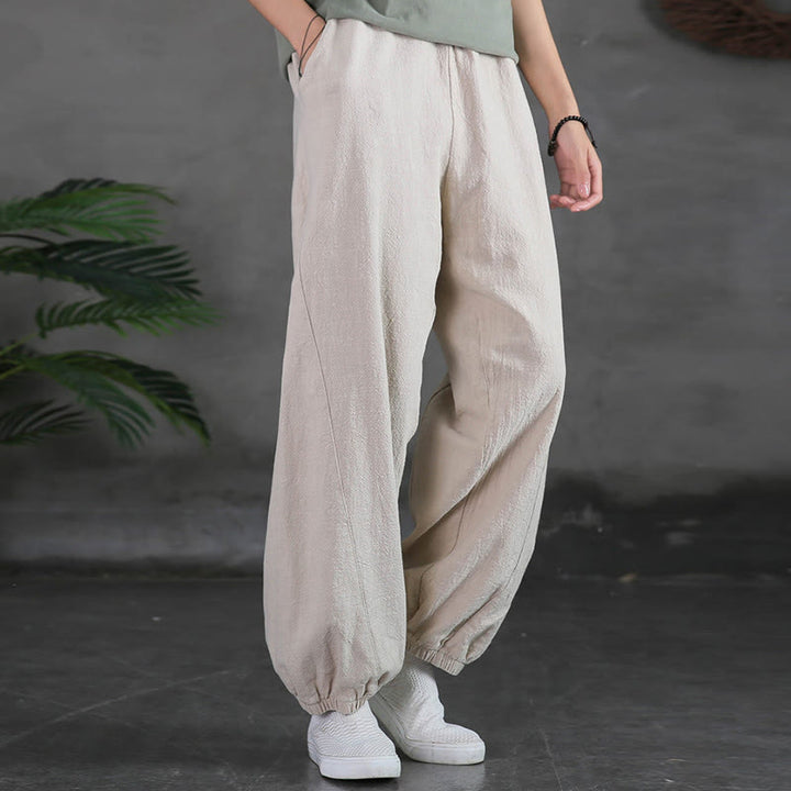 Buddha Stones Plain Color Ramie Linen Cotton Pants With Pockets