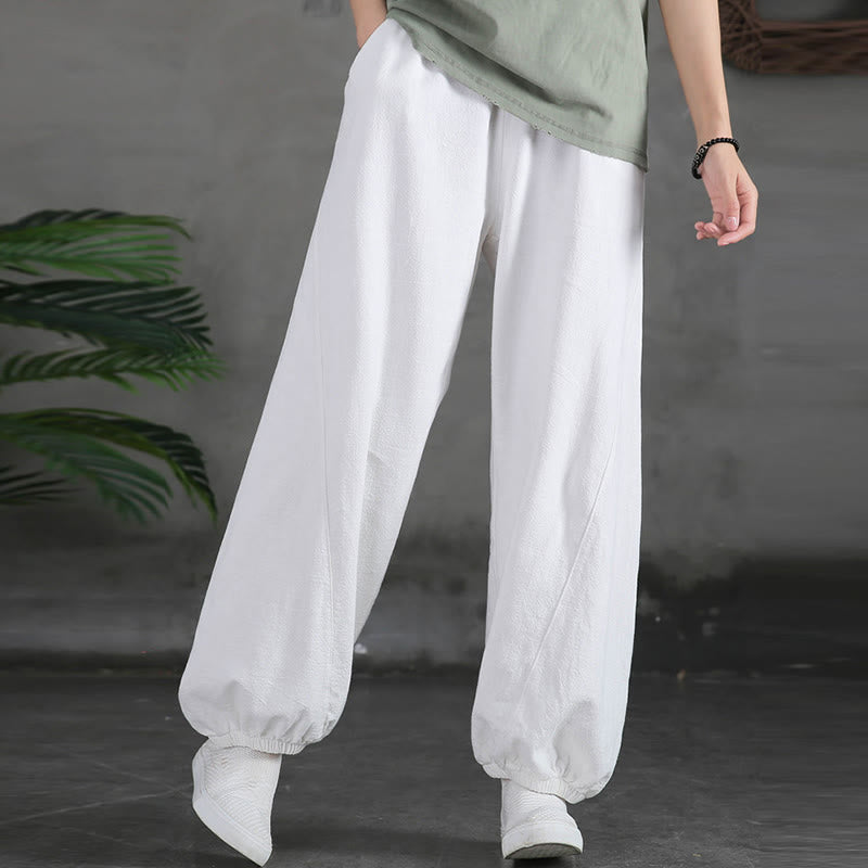 Buddha Stones Plain Color Ramie Linen Cotton Pants With Pockets