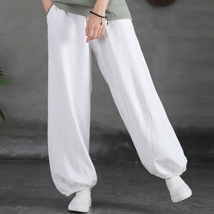 Buddha Stones Plain Color Ramie Linen Cotton Pants With Pockets