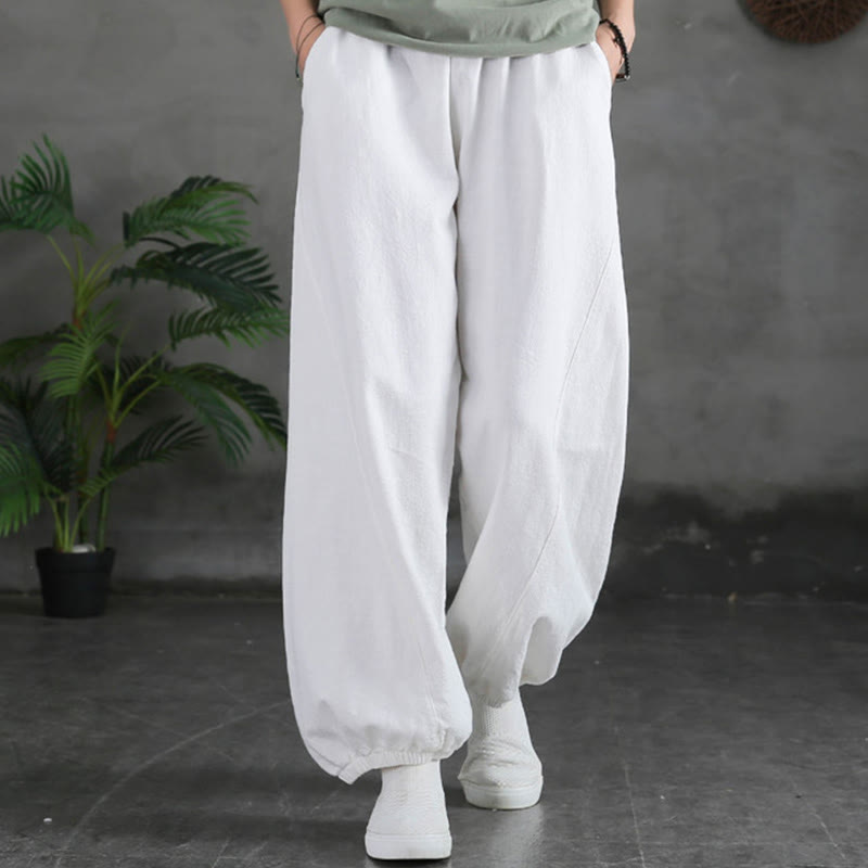 Buddha Stones Plain Color Ramie Linen Cotton Pants With Pockets