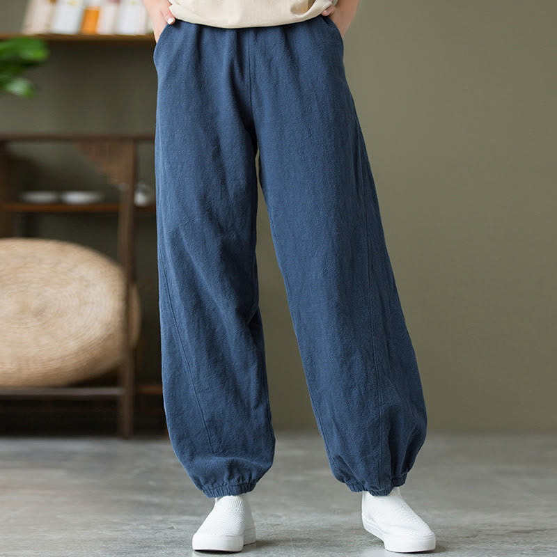 Buddha Stones Plain Color Ramie Linen Cotton Pants With Pockets