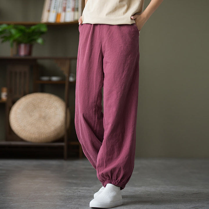 Buddha Stones Plain Color Ramie Linen Cotton Pants With Pockets