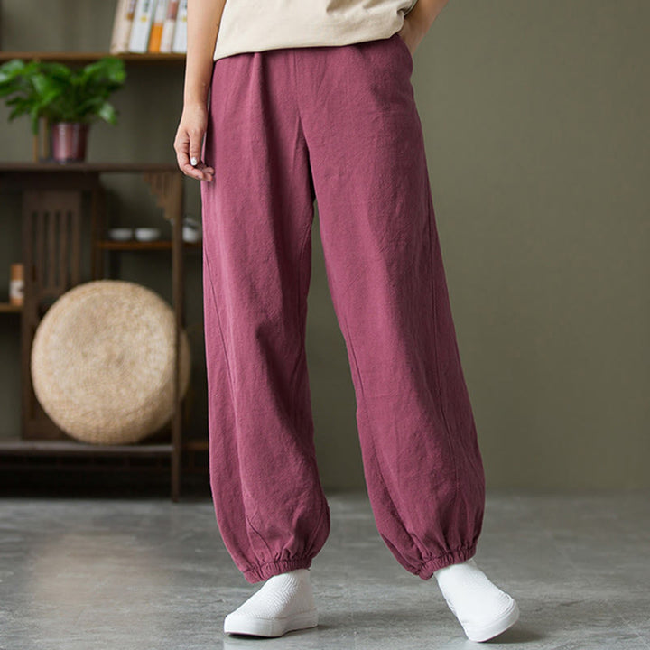 Buddha Stones Plain Color Ramie Linen Cotton Pants With Pockets