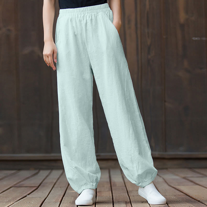 Buddha Stones Plain Color Ramie Linen Cotton Pants With Pockets