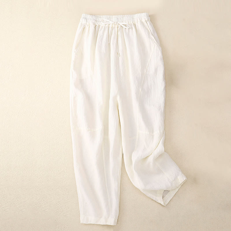 Buddha Stones Summer Women's Linen Drawstring Elastic Waist Harem Pants With Pockets - White - US8-10，UK/AU12-14，EU40-42 (2XL) - image 18