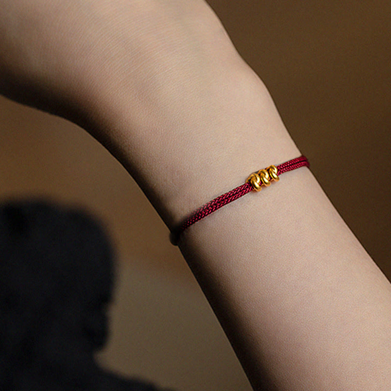Buddha Stones 999 Gold Wish Knot Design Handmade Luck Braided Rope Bracelet - Three Beads(Gold About 0.3g) - 21cm - image 2