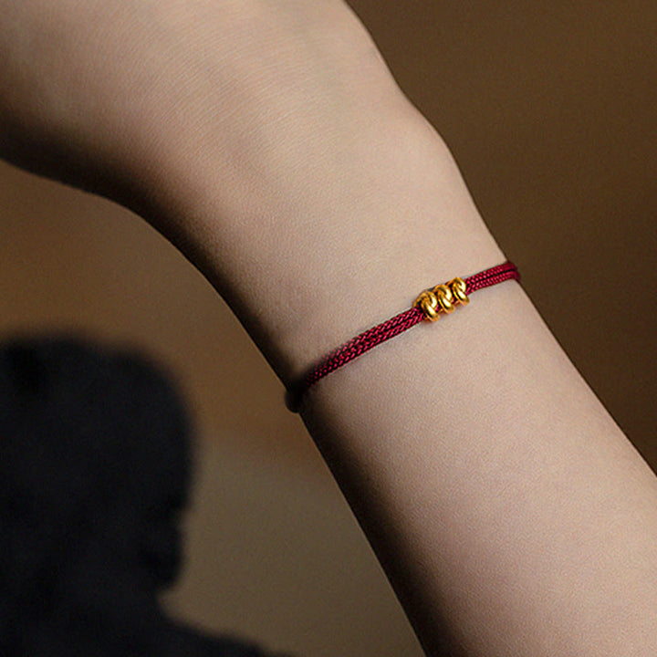 Buddha Stones 999 Gold Wish Knot Design Handmade Luck Braided Rope Bracelet - Three Beads(Gold About 0.3g) - 21cm - image 2