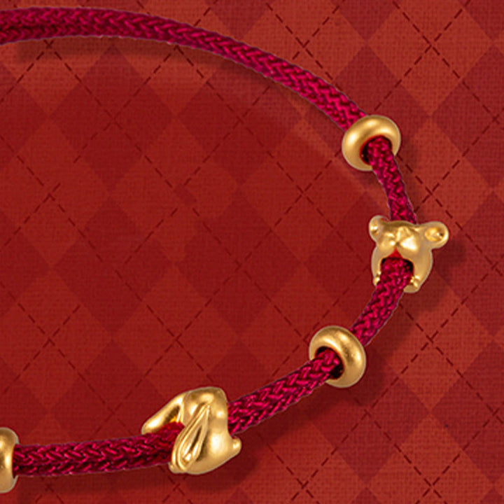 Buddha Stones 999 Gold Small Lucky Rabbit Osmanthus Design Handmade Luck Braided Rope Bracelet - Double Lucky Rabbit and Three Gold Beads(Gold About 0.58g) - 21cm - image 8