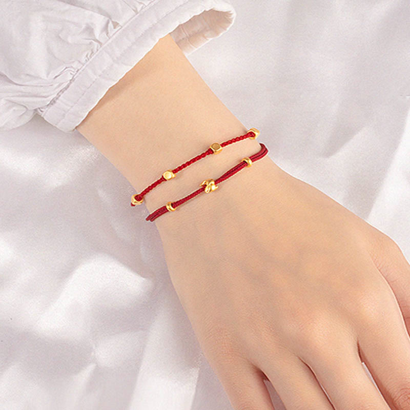 Buddha Stones 999 Gold Small Lucky Rabbit Osmanthus Design Handmade Luck Braided Rope Bracelet