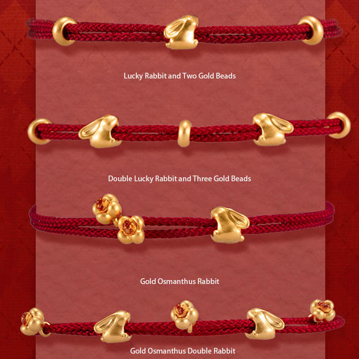 Buddha Stones 999 Gold Small Lucky Rabbit Osmanthus Design Handmade Luck Braided Rope Bracelet