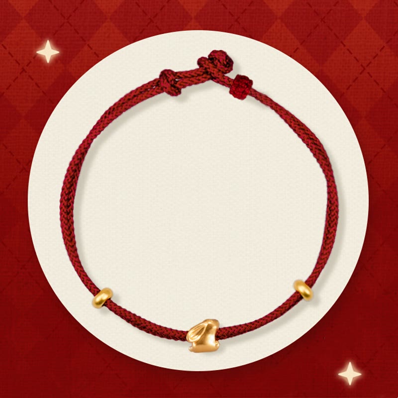 Buddha Stones 999 Gold Small Lucky Rabbit Osmanthus Design Handmade Luck Braided Rope Bracelet - Lucky Rabbit and Two Gold Beads(Gold About 0.31g) - 21cm - image 0