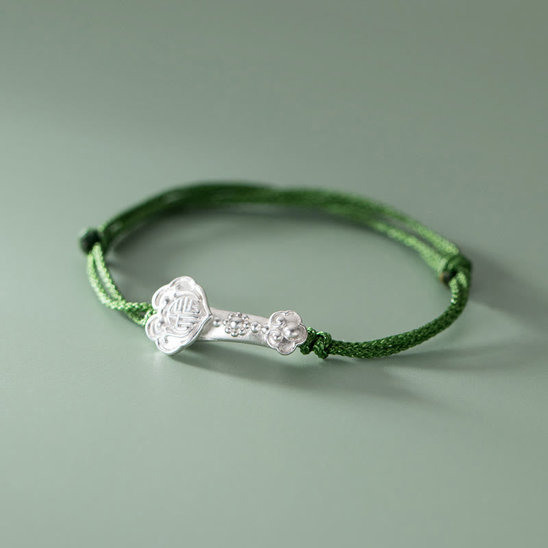 Buddha Stones Handmade 999 Sterling Silver Fu Character Wish Ruyi Handle Luck Braided Green Rope Bracelet