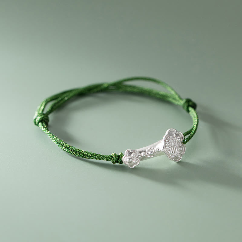 Buddha Stones Handmade 999 Sterling Silver Fu Character Wish Ruyi Handle Luck Braided Green Rope Bracelet