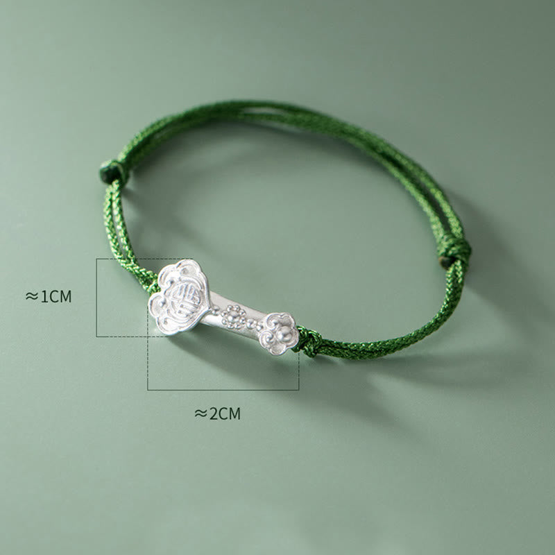 Buddha Stones Handmade 999 Sterling Silver Fu Character Wish Ruyi Handle Luck Braided Green Rope Bracelet