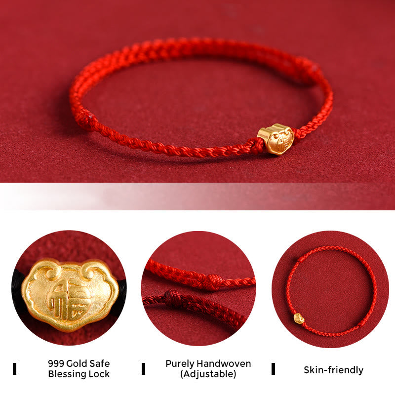 Buddha Stones 999 Gold Chinese Lock Charm Fu Character Protection Handmade Rope Bracelet